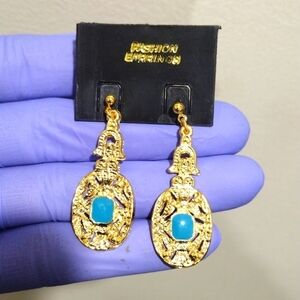 Women's Stylish Gold-tone Filigree Turquoise Color Stone Drop Dangle Earrings